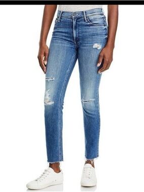 MOTHER Mid Rise Dazzler Ankle Fray Distressed Jeans - Medium Blue Size 28